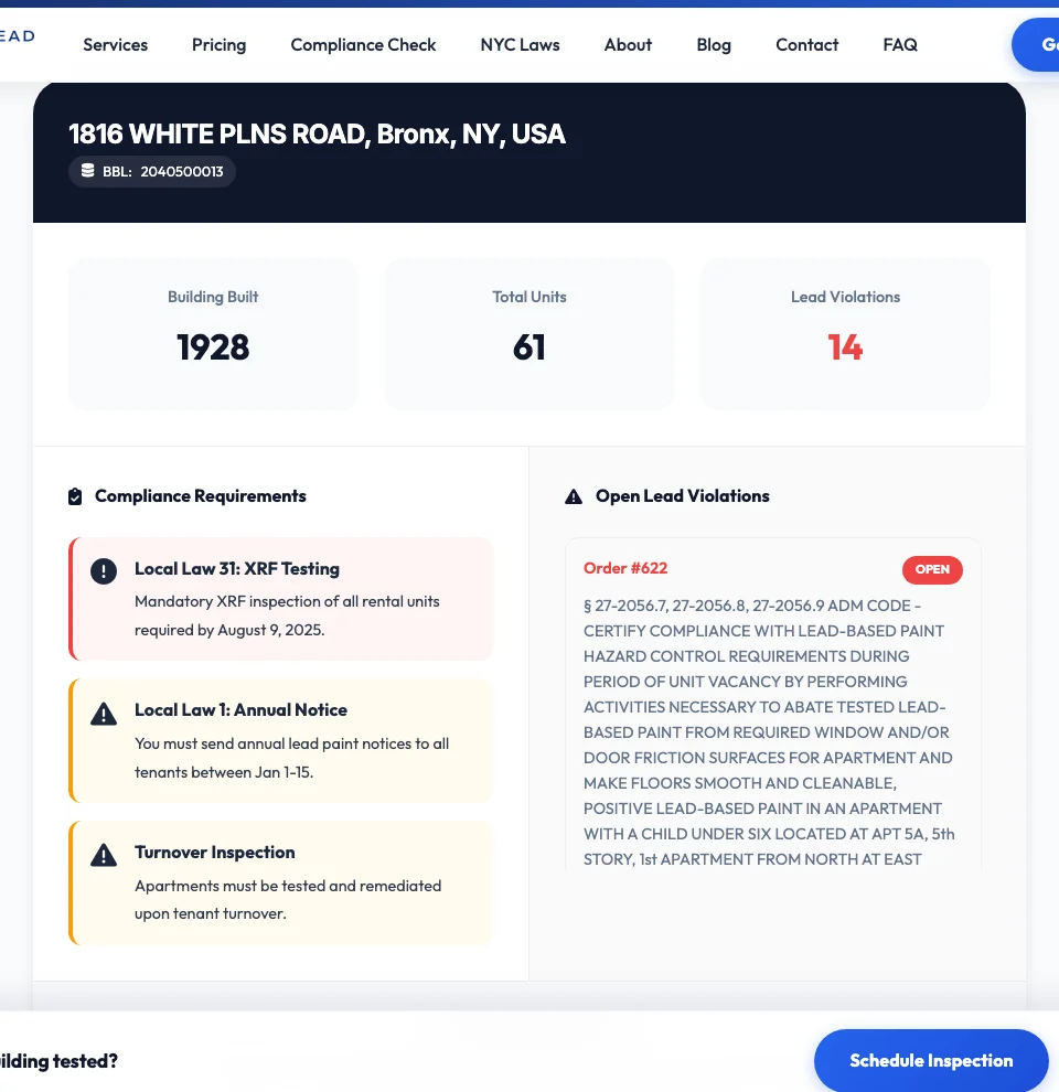 Example compliance-check results showing a public NYC building record, construction year, unit count, lead violation count, requirements, and open violation details