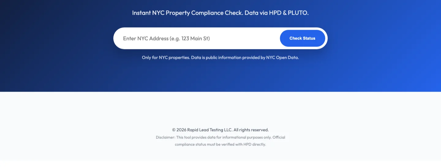 Rapid Lead Testing compliance checker with an input for a NYC property address